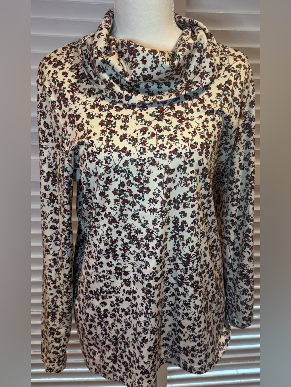 L.L. Bean Floral Cowl Neck Top Supima Cotton Long Sleeve Large